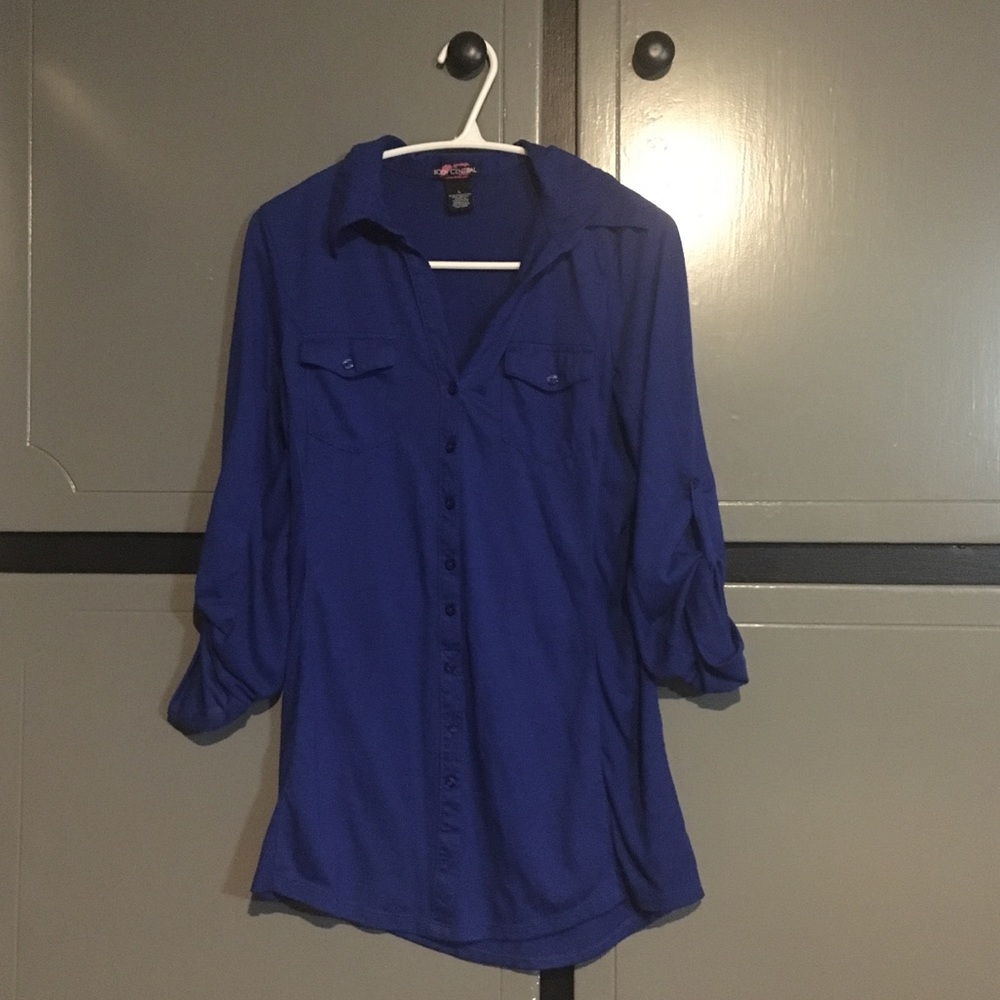Blue Button Down V-neck Shirt